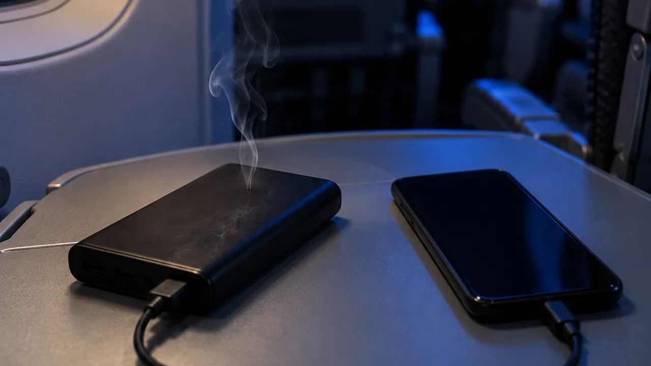 Batería externa soltando humo sobre la mesa de un asiento de avión, junto a un celular