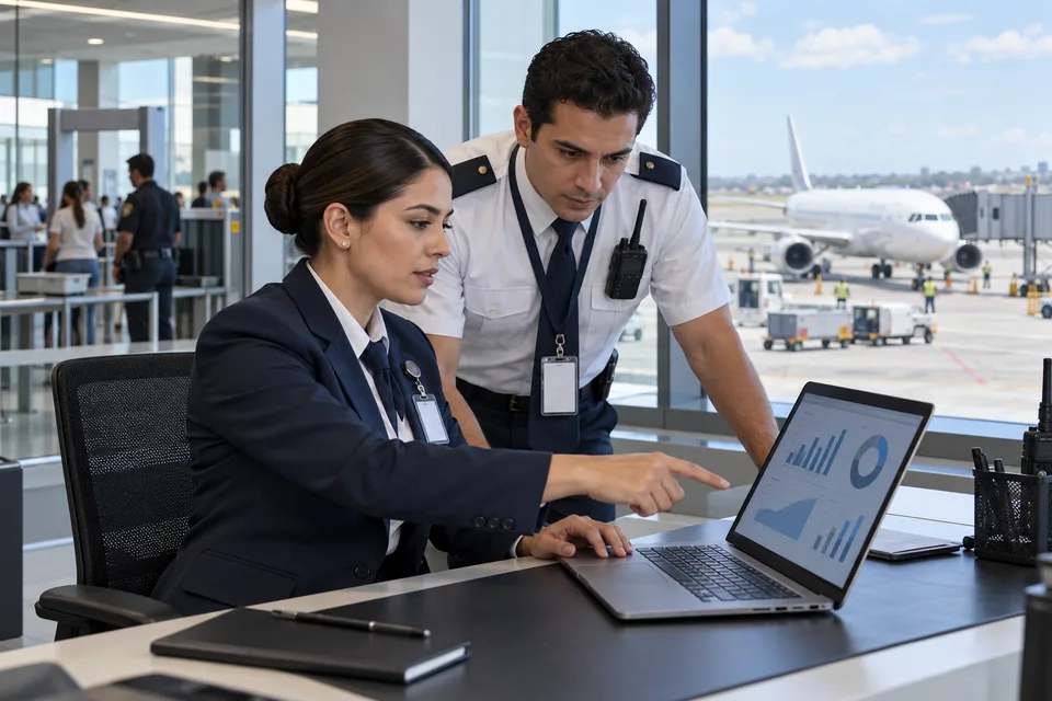 Jefa de seguridad y supervisor revisan indicadores en una laptop junto al ventanal de la plataforma de un aeropuerto