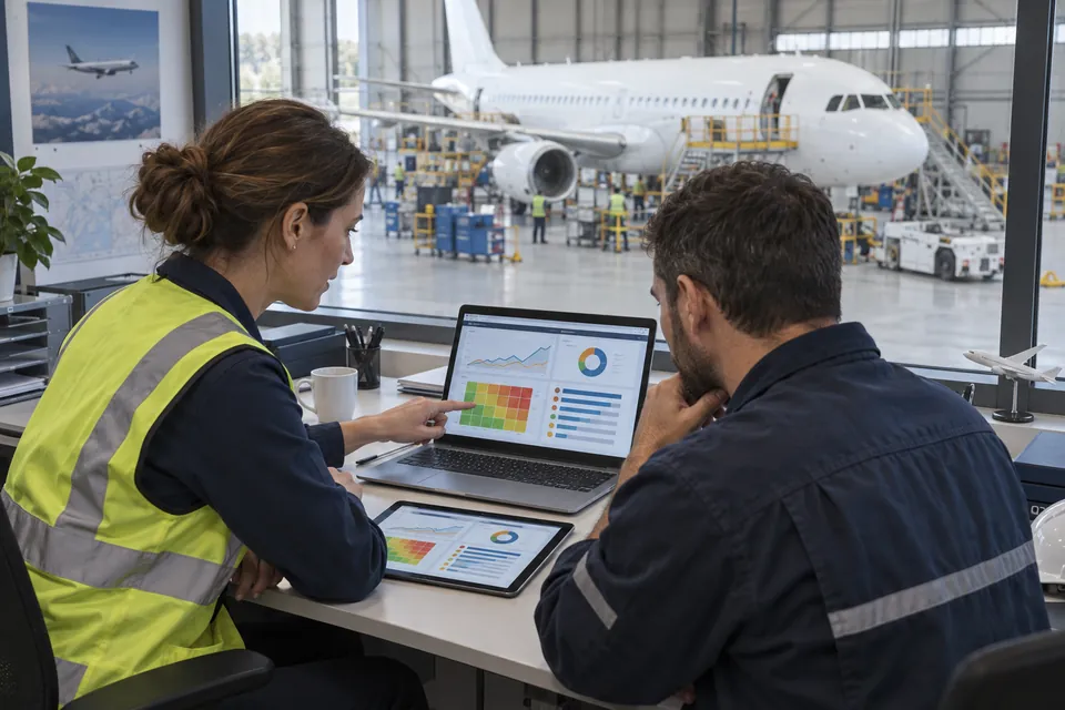Gerente de seguridad operacional y técnico de mantenimiento revisan indicadores en una laptop junto a un hangar